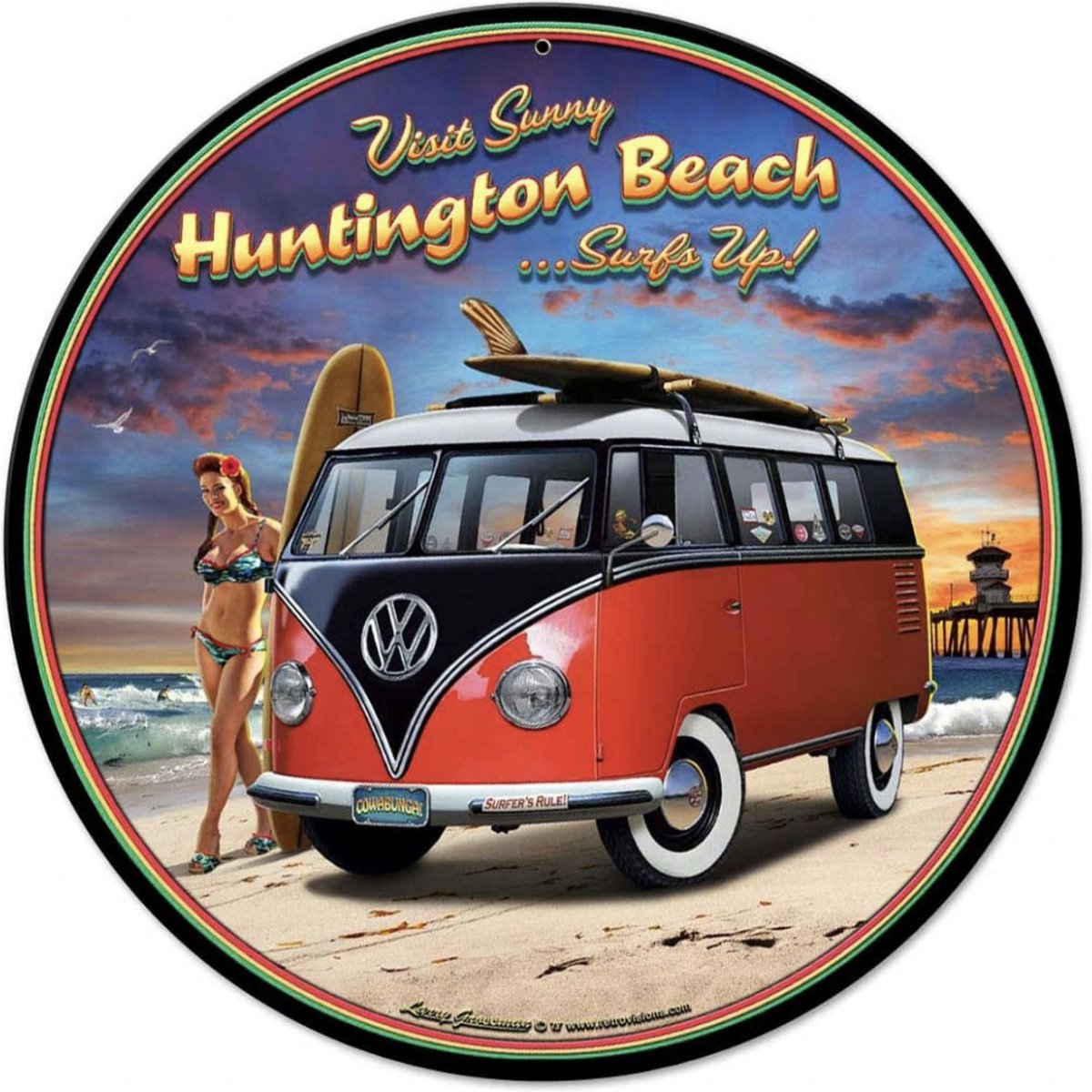 Volkswagen VW Huntington Beach Surfs Up Metalen Bord 36 cm