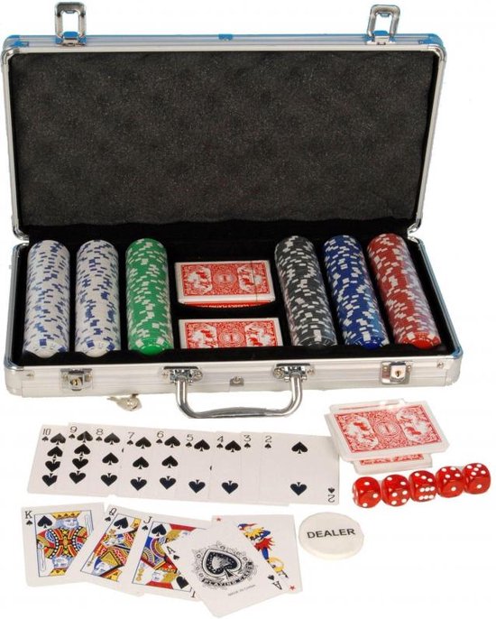 Thumbnail van een extra afbeelding van het spel Pokerset 300 Fiches - Luxe Aluminium Koffer -poker set - 2 kaartspellen - 5 dobbelstenen - 3 dealer buttons