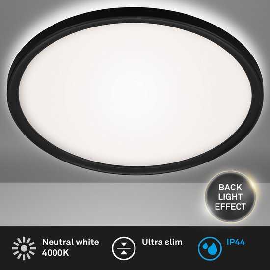 Zwarte ronde plafondlamp met neutraal wit licht (4000K), ultra-slank, IP44.