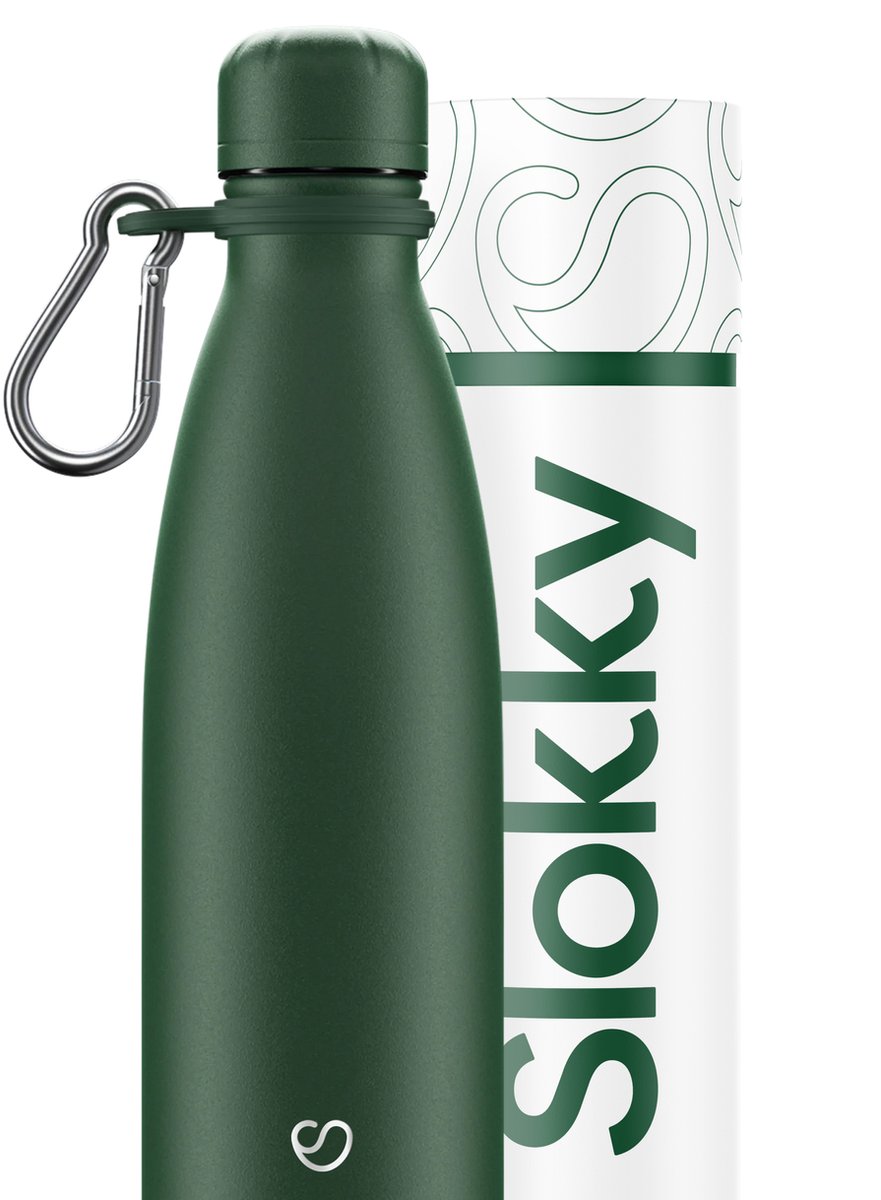Slokky - Matte Green Thermosfles, Dop & Karabijnhaak - 500ml