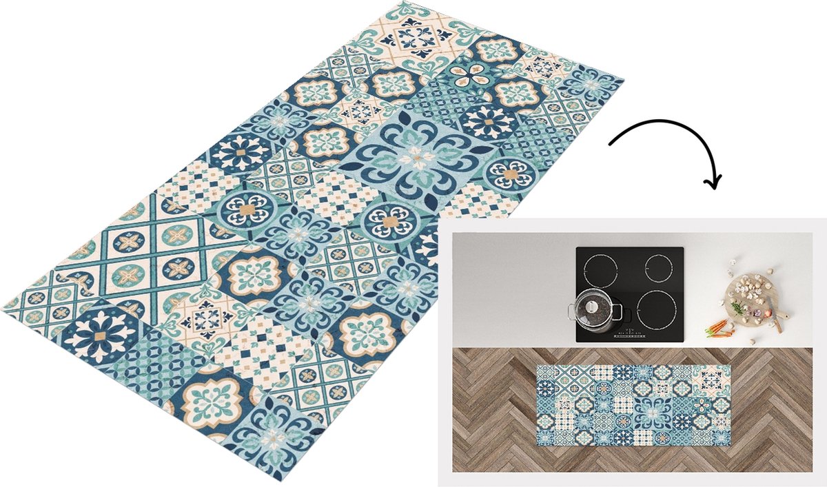 KitchenYeah Keukenloper - Loper keuken - Bloemen - Blauw - Design - Tegel - 120x50 cm - Keukenloper vinyl Multicolor