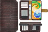 Samsung Galaxy A04s Hoesje - Bookcase - Samsung A04s Book Case Wallet Echt Leer Croco Kastanjebruin Cover