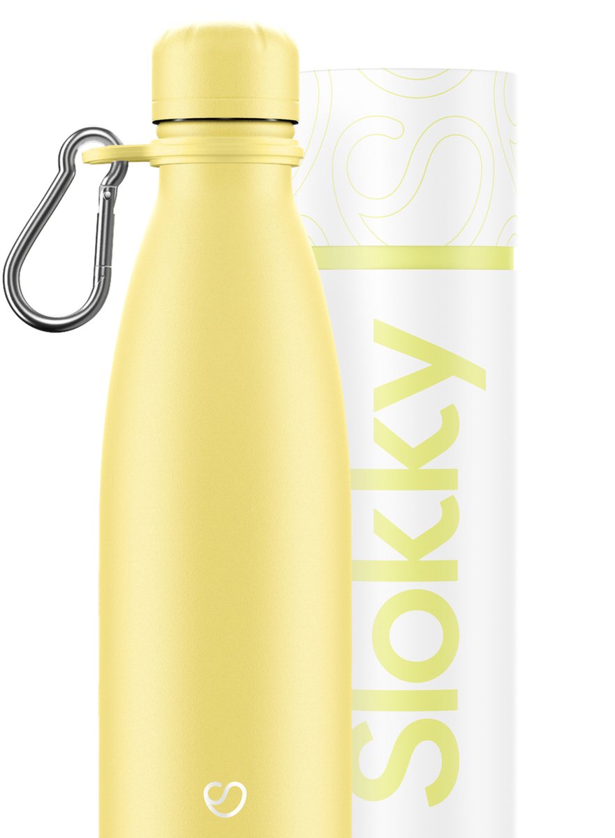 Slokky - Pastel Yellow Thermosfles, Dop & Karabijnhaak - 500ml