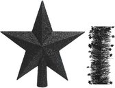 Décorations de Noël en plastique pailleté étoile pic 19 cm et étoiles guirlandes en aluminium paquet noir de 3x pièces - Décorations Décorations pour sapins de Noël