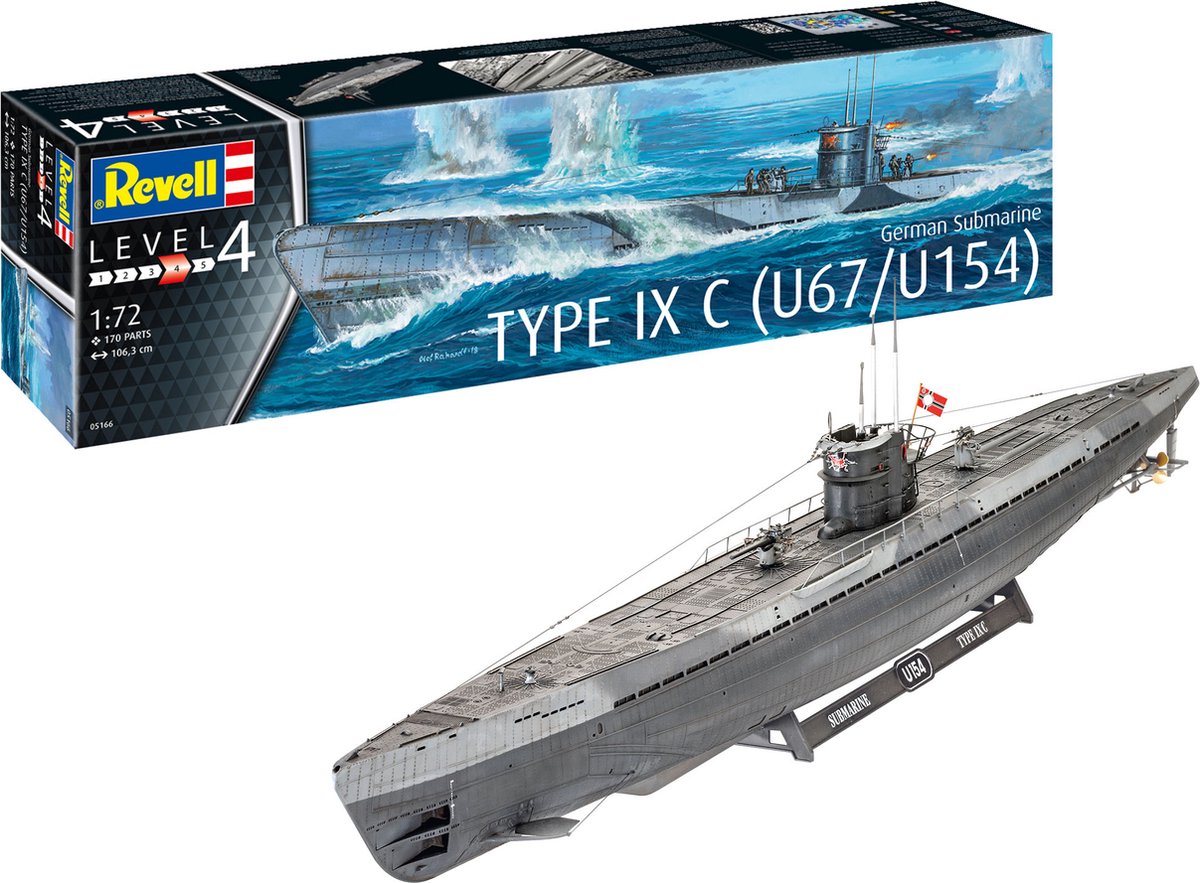 Revell Modelbouwpakket Militaire voertuigen - 05166 German Submarine Type IX C - U67 or U154 Plastic - 1:72 - Modelbouw