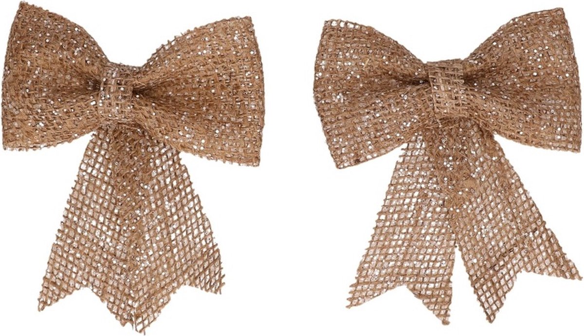 Decoris Kerst decoratie strikjes - 2x st - jute - glitters - 13 cm - kerststrikjes - kerstversiering