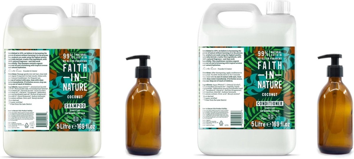 FAITH IN NATURE - Shampoo & Conditioner Coconut Refill - 2 x 5 Liter= 10 liter - nu met 2 Gratis glazen refill flessen 500ml