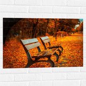 WallClassics - Muursticker - Bankjes tijdens Herfst in het Park - 75x50 cm Foto op Muursticker