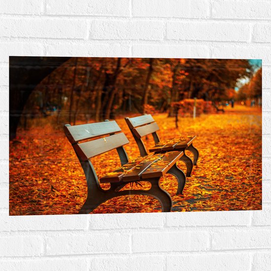 WallClassics - Muursticker - Bankjes tijdens Herfst in het Park - 75x50 cm Foto op Muursticker