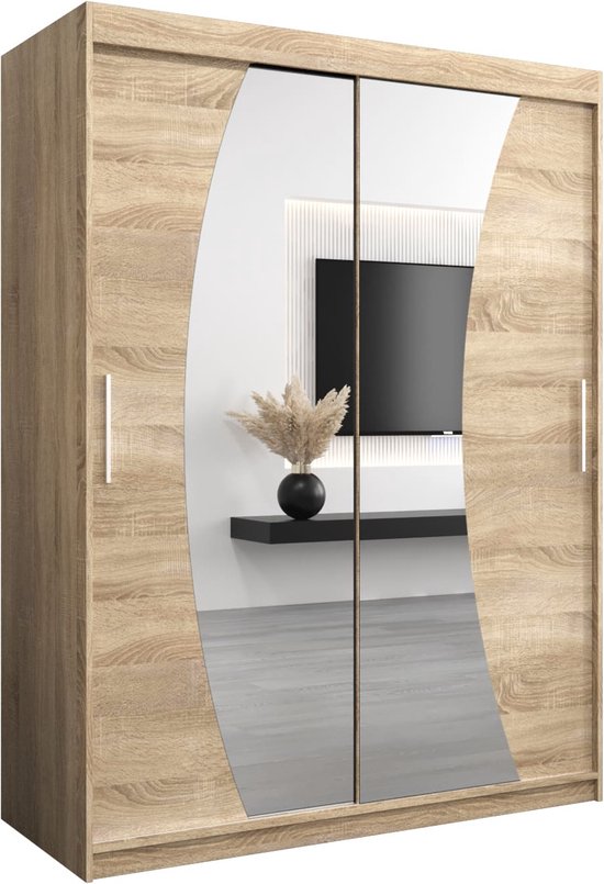 InspireMe - Kledingkast met 2 schuifdeuren, Modern-stijl, Een kledingkast met planken en een spiegel (BxHxD): 150x200x62 - KAHUNA 150 Sonoma Eik met 2 lades