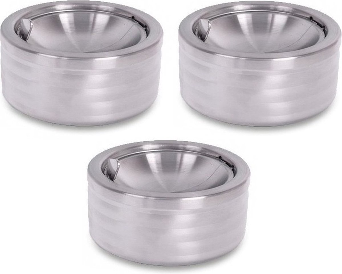 Goedkoopste Klepasbak - 3x - mat chroom - 11 cm - terrasasbak - asbak met klep - buiten asbakken - Tafelaccessoires - Tuin artikelen