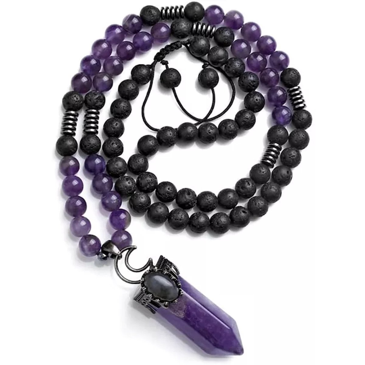 Mala met Amethist hanger | Edelsteen Halve Maan | paars | 108 kralen ketting vulkaansteen | Meditatie Yoga | Helend | Sparkolia