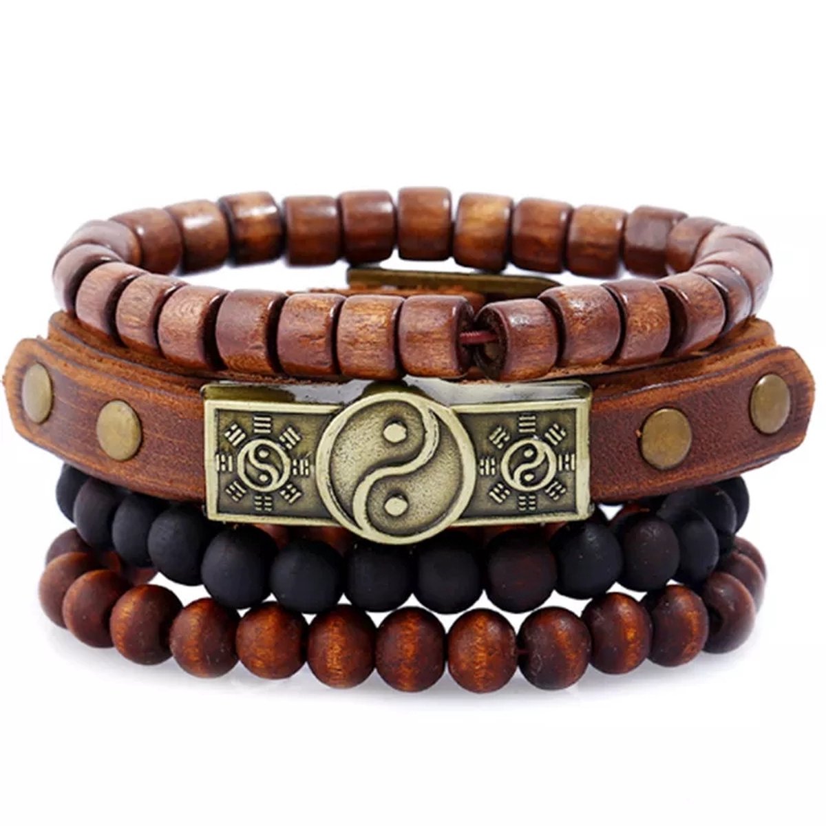 Yin Yang Armband set | mannen | hout en leer | feng shui | 20 cm | heren jongens | Sparkolia