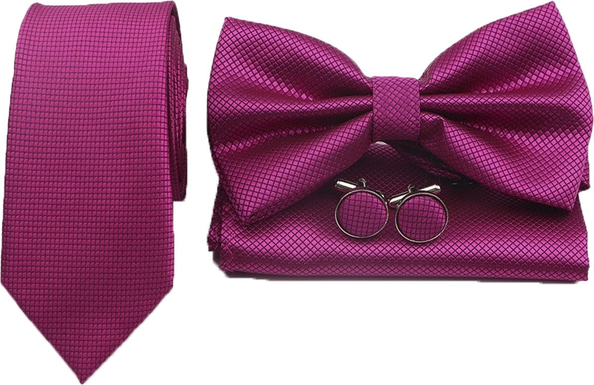 Sorprese Stropdas Set - Ruit - Donker Roze Smal - inclusief strik pochet en manchetknopen - stropdassen voor heren - vlinderdas - Cadeau