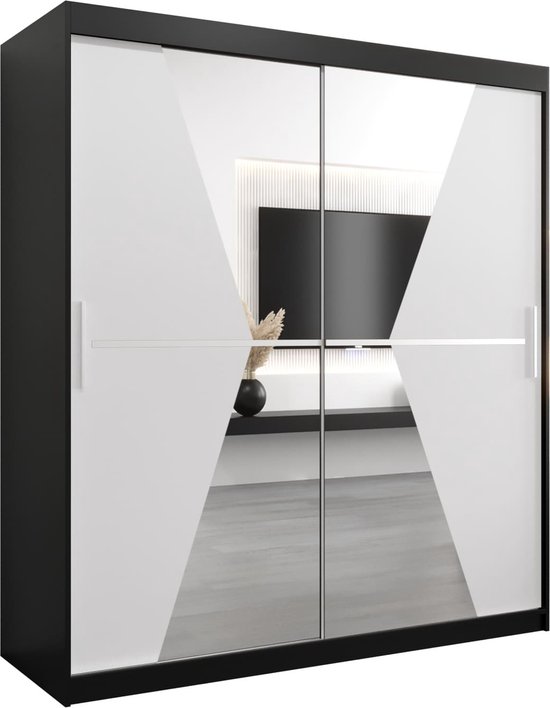 InspireMe - Kledingkast met 2 schuifdeuren, Modern-stijl, Een kledingkast met planken en een spiegel (BxHxD): 180x200x62 - TOTO 180 Zwart Mat + Wit Mat met 4 lades