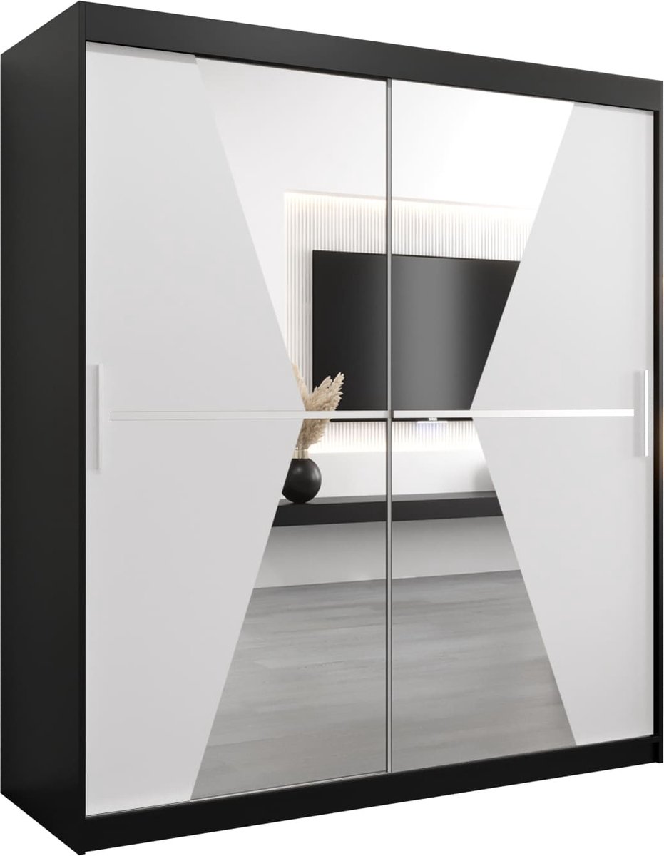 InspireME Kledingkast met 2 schuifdeuren, Modern-stijl, Een kledingkast met planken en een spiegel (BxHxD): 180x200x62 - TOTO 180 Zwart Mat + Wit Mat met 4 lades
