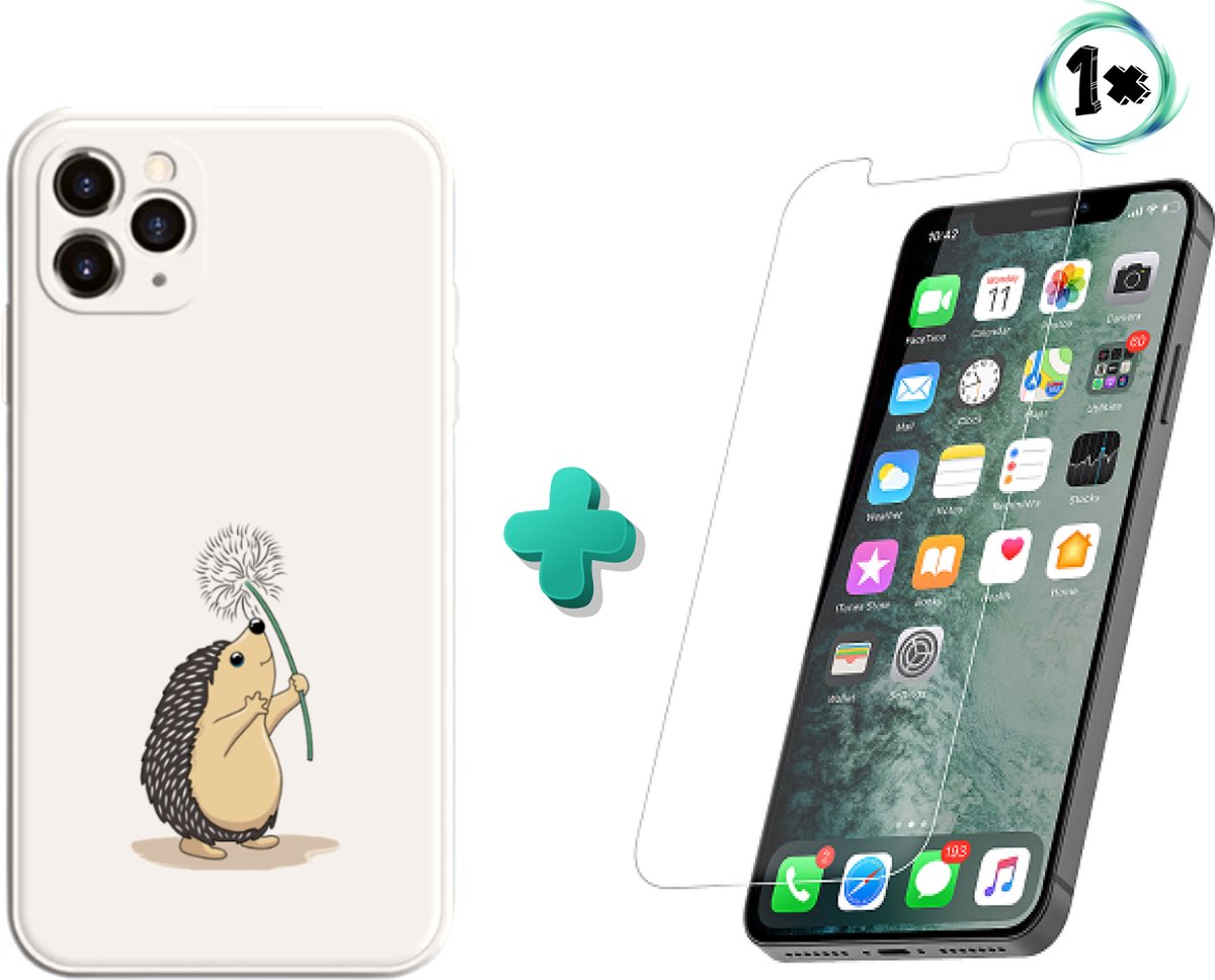 Apple Iphone 12 Pro Max hoesje cream wit siliconen hoesje Egeltje met 1x Tempered Glass Iphone 12 Pro Max Screenprotector * LET OP JUISTE MODEL *