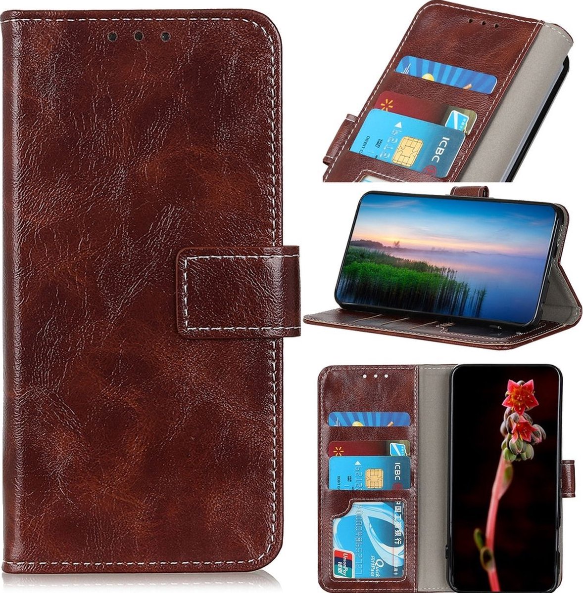 Mobigear Telefoonhoesje geschikt voor OnePlus 10T Hoesje | Mobigear Basic Bookcase Portemonnee | Pasjeshouder voor 3 Pasjes | Telefoonhoesje voor Pinpas / OV Kaart / Rijbewijs - Bruin