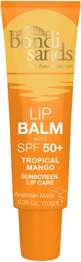 Oranje tube Bondi Sands lipbalsem met SPF 50+ en de tekst 'Tropical Mango' en 'Sunscreen Lip Care'.