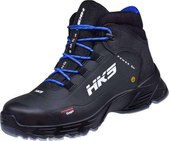 Zwarte HKS werkschoen met blauwe veters, witte HKS-logo's en 'Power Grip' tekst.