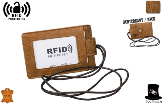 Bob Online ™ - 1 Stuk – RFID – Verticaal - Bruin Lederen Zakelijke ID-kaarthouder & Kredietkaart Portemonnee & Lanyard – RFID Vertical Leather ID Card Holder & Credit Card Wallet & Lanyard – RFID ID-badgehouder & Nekkoord – Unisex – RFID