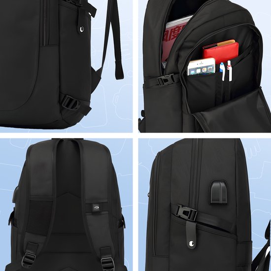 Laptop rugzak - Schooltas - Backpack - Laptoptas - USB oplaadstation - Waterafstotend stof - 14 t/m 15.6 inch - Zwart - Wadu