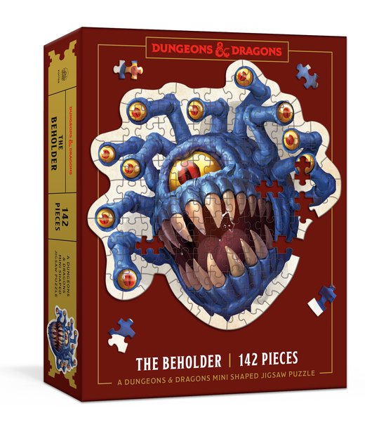 De Dungeons & Dragons puzzeldoos met een blauwe Beholder met veel ogen en tentakels. 142 stukjes.