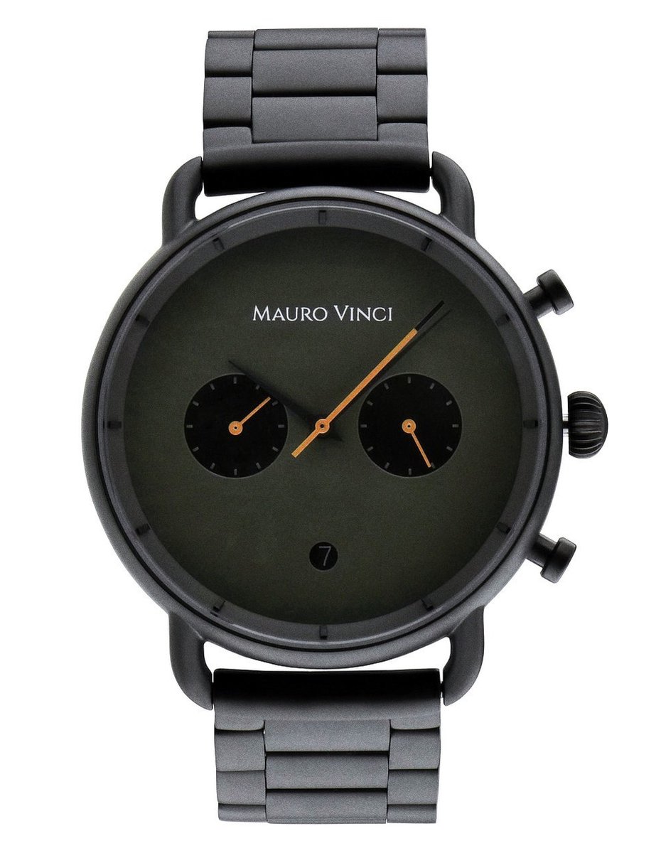 Heren horloge zwart staal - Mauro Vinci Gunmetal black - grijs - oranje met lederen bewaardoos - Leisure line 420 stalen horloge met Japans binnenwerk