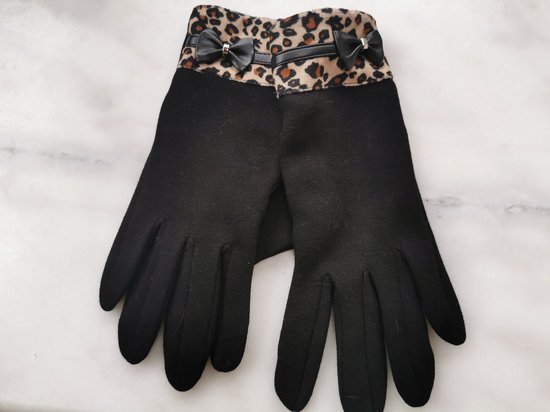 Zwarte dameshandschoenen met luipaardprint boord en strik met touch tip