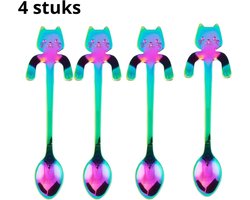 4 Theelepels Hangende Kat - Koffie & Thee Lepeltjes - Hangende Kat - Regenboog - 4 Stuks Image