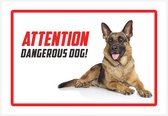 Waakbord/ bord | "Attention - Dangerous dog!" | 30 x 20 cm | Duitse Herder | Herdershond | Engels | Dikte: 1 mm | Gevaarlijke hond | Waakhond | Hond | Dog | Chien | Betreden op eigen risico | Polystyreen | Rechthoek | Witte achtergrond | 1 stuk
