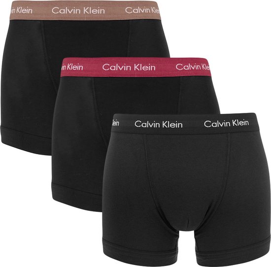 Calvin Klein trunks (3-pack) - heren boxers normale lengte - zwart met gekleurde tailleband -  Maat: M