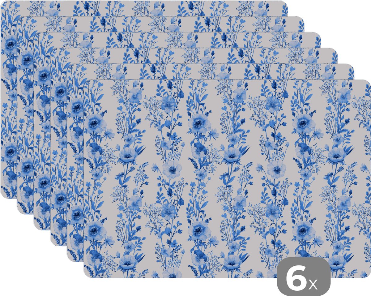 Placemat - Placemats kunststof - Bloemen - Anemoon - Patroon - Blauw - 45x30 cm - 6 stuks - Hittebestendig - Anti-Slip - Onderlegger - Afneembaar