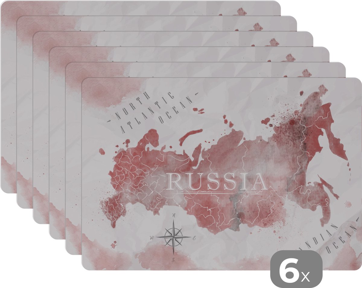 Placemat kinderen - Placemat - Placemats kunststof - Kaart - Rusland - Roze - 45x30 cm - 6 stuks - Hittebestendig - Anti-Slip - Onderlegger - Afneembaar