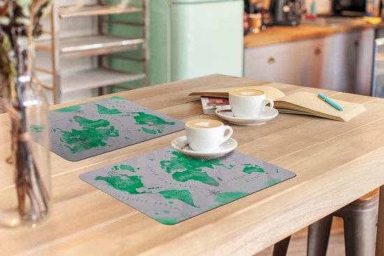 Set de table - Wereldkaart - Peinture à l'huile - Vert - 45x30 cm - 6 pièces