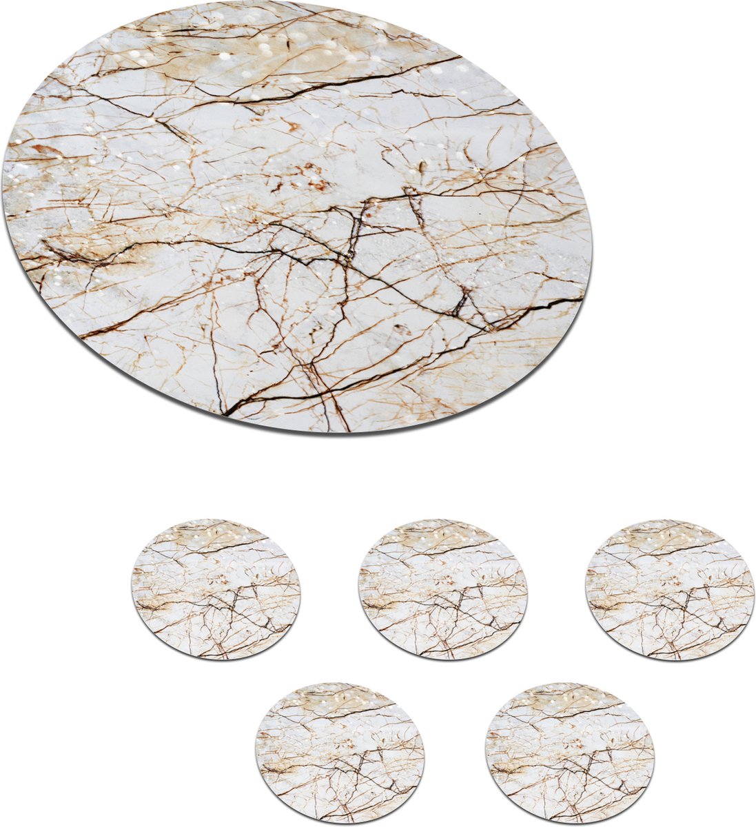 Onderzetters voor glazen - Rond - Marmer - Wit - Bruin - 10x10 cm - Glasonderzetters - 6 stuks