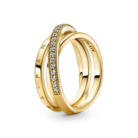 Bague dorée à trois anneaux, inscription 'PANDORA' et zircons.