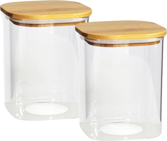 Gerim - Pot de Consservation alimentaire - 2x pièces - verre - couvercle en bambou - 800 ml