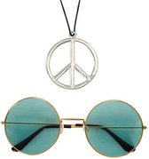 Widmann - Hippie Flower Power verkleed set peace ketting en ronde groene glazen party bril