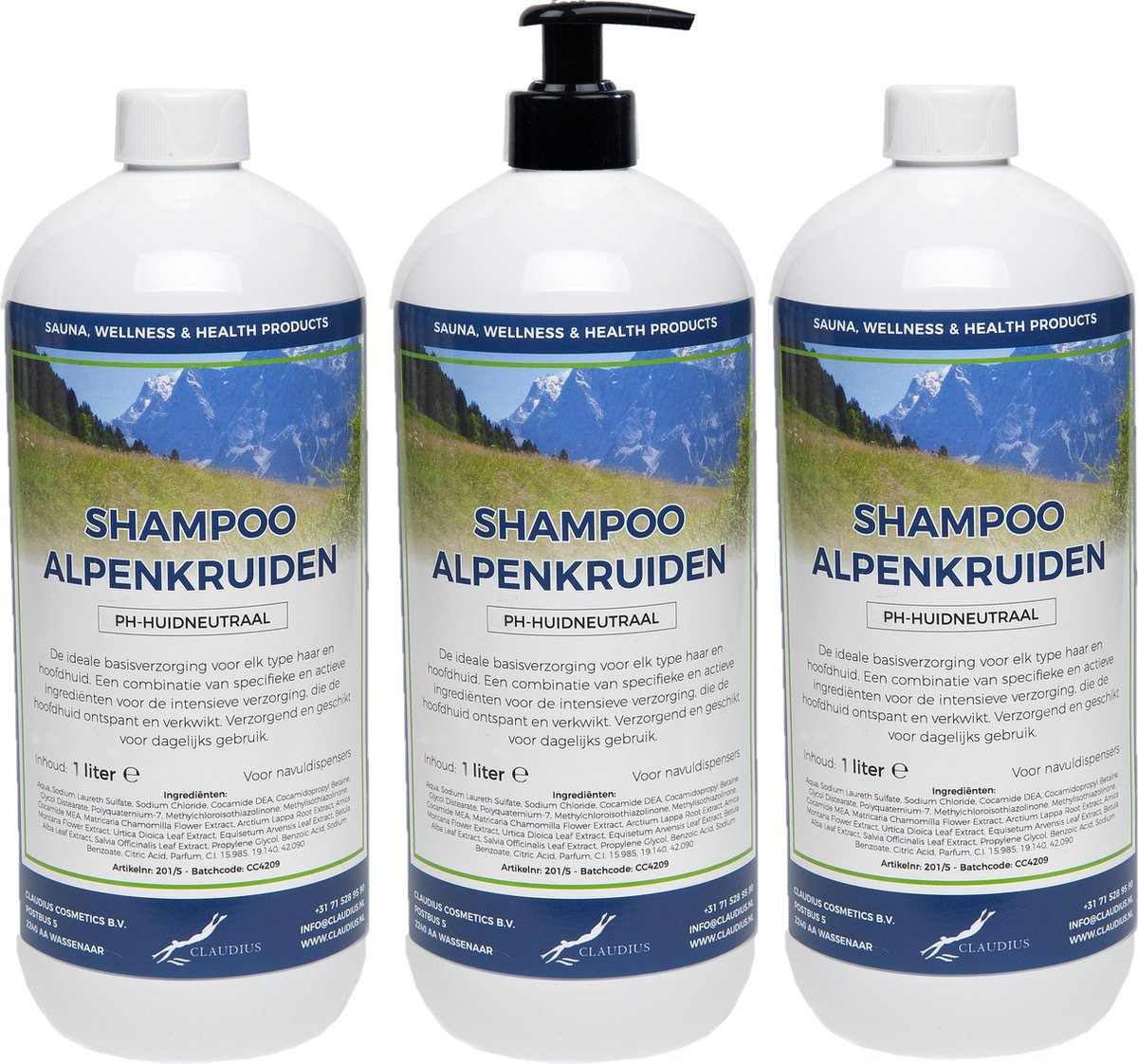 Shampoo Alpenkruiden 1 liter - set van 3 stuks - met gratis pomp