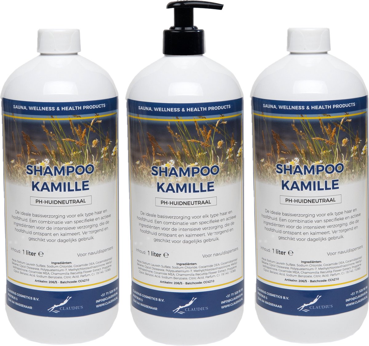 Shampoo Kamille 1 liter - set van 3 stuks - met gratis pomp