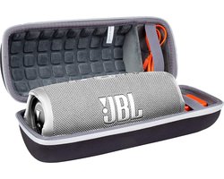 Hard Travel beschermhoes etui geschikt voor JBL Charge 4 / JBL Charge 5 draagbare Bluetooth luidspreker (zwarte hoes/binnenkant grijs, witte ritssluiting) Alleen de beschermhoes