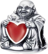 Geloof en Geluk - Zilveren bedels - Bedel Boeddha bedel kopen - Boedha Rood hart - Meerdere merken passend - Met 925 Zilver Certificaat - Verjaardag tip