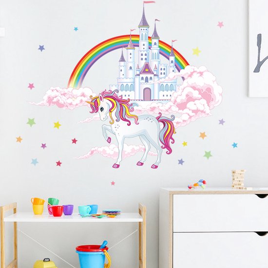 Stickers muraux château de licorne - Arc-en-ciel - étoiles