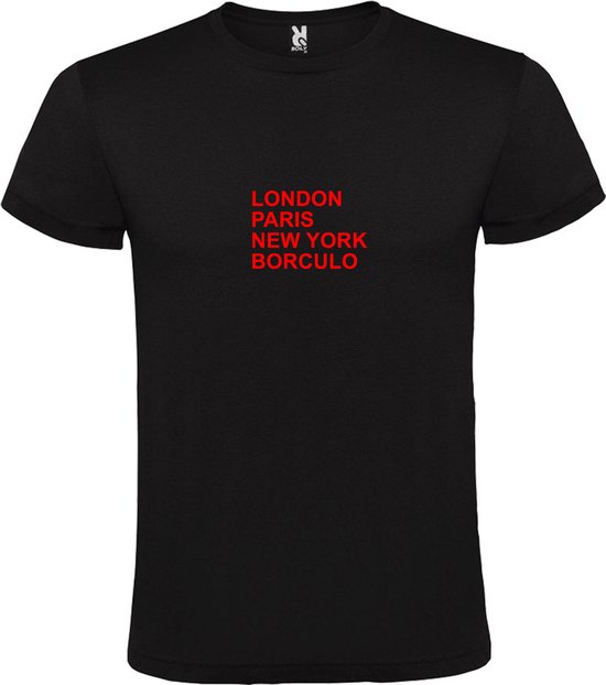 Zwart T-Shirt met “ LONDON, PARIS, NEW YORK, BORCULO “ Afbeelding Rood Size XS