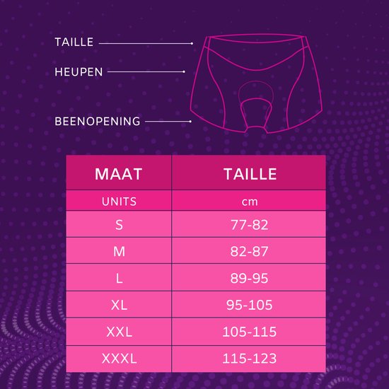 Tableau des tailles pour cuissards de vélo, avec tailles S à XXXL et tailles de taille correspondantes en cm.