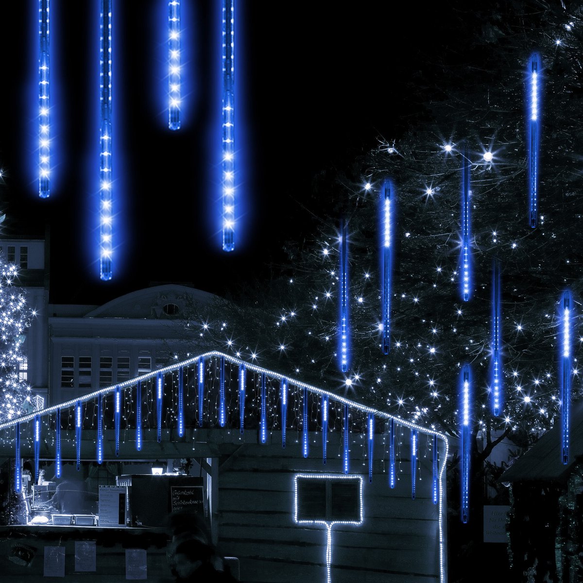 LED meteorenregen Sterren Gordijn Kerst Fairy Lights Rain of Lights Ijspegels Kerstverlichting Sterren Strip, blauw