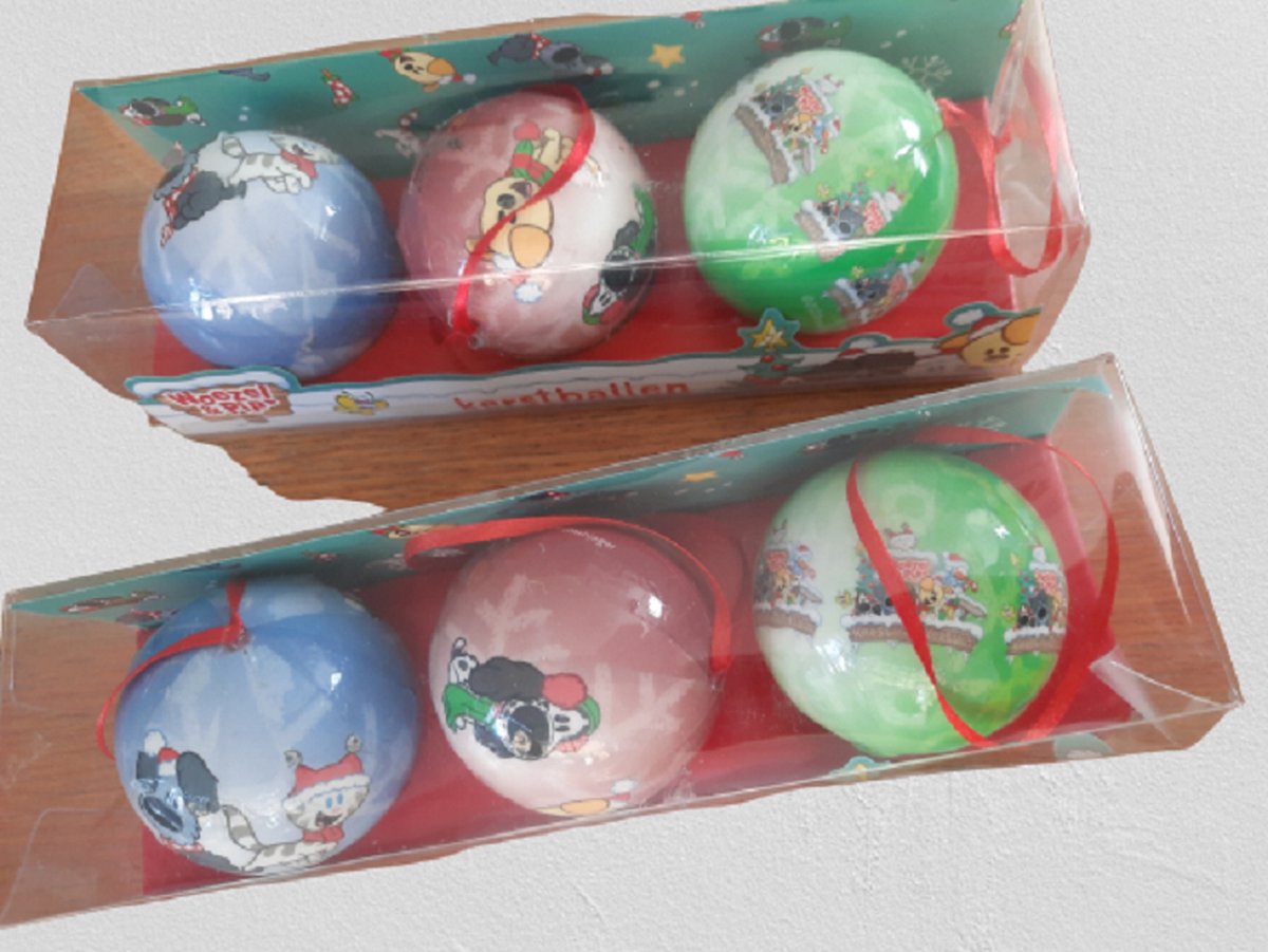 6 Kerstballen Woezel en Pip - vrolijke gekleurde kerstballen kunststof - kerstversiering