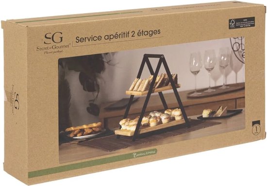 Verpakking van een 2-laags bamboe serveerschaal met zwart metalen frame, met hierop hapjes.