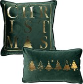 Set van 2 kerst sierkussens - groen en goud - 1x CHRISTMAS - 1xTREES - inclusief polyester vulling - zachte stoffen - sfeerkussens